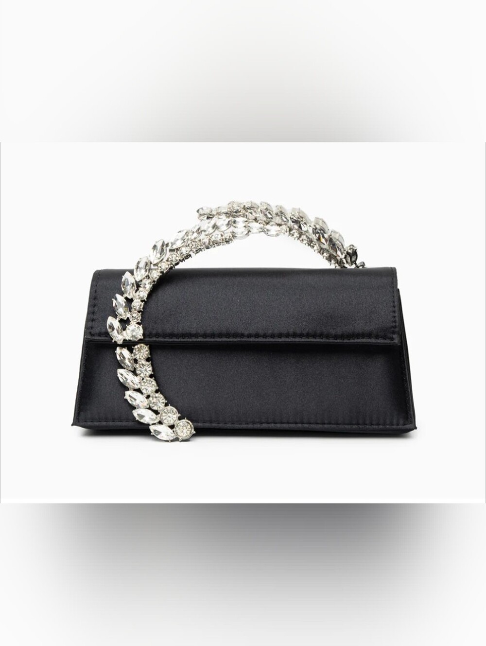 Black Satin Evening Clutch with Crystal Handle
